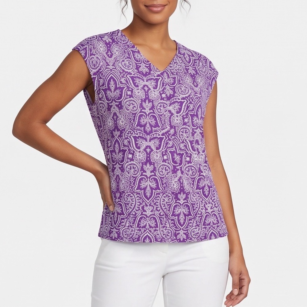 Chaps Blouse Womens 2X Paisley Purple Cap Sleeve V-Neck Excellent